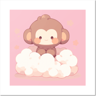 Pink Cloud Cute Kawaii Happy Baby Monkey Posters and Art